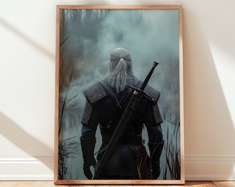 Geralt of Rivia Poster, The Witcher Wall Art, Dark Fantasy Print, Witcher Sword Decor, Minimal Cinematic Fantasy Poster