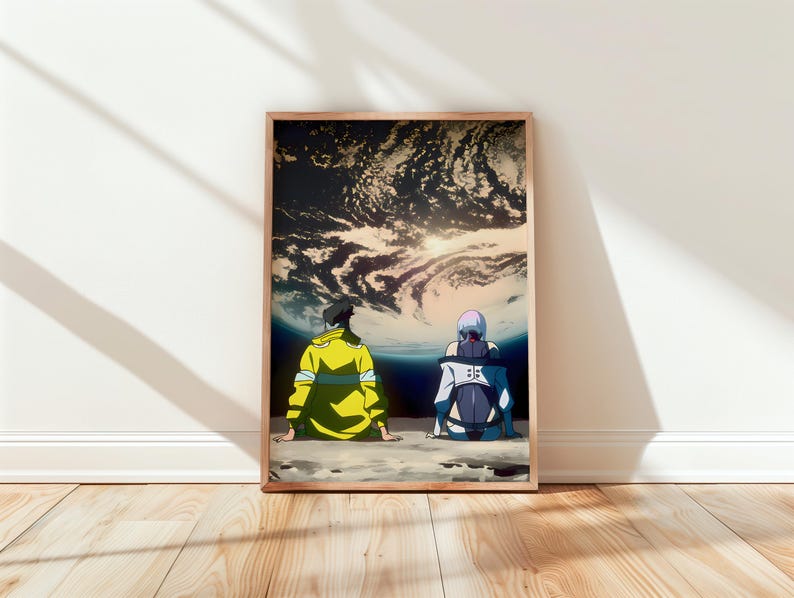 May include: A rectangular wall art print in a wooden frame featuring an anime-style illustration of two figures sitting on a rocky surface, looking up at a dark, swirling cosmic sky with a bright light source above a blue horizon line.