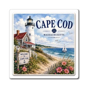 May include: A square coaster featuring a watercolor illustration of a white lighthouse, a coastal house, and a sailboat on the ocean. The text reads CAPE COD MASSACHUSETTS with a seashell icon and a sign that says WELCOME TO CAPE COD with an anchor.