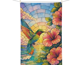 Mikrofiberhandduk, Kolibri med färgat glas och blommor