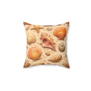 Cojín cuadrado con estampado de conchas marinas / Decoración playera costera, cojín de poliéster hilado