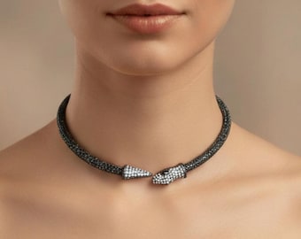 Crystal Pave Snake Choker Necklace | Modern Minimalist Jewelry, Sparkling, Adjustable Edgy Rhinestone Accessory