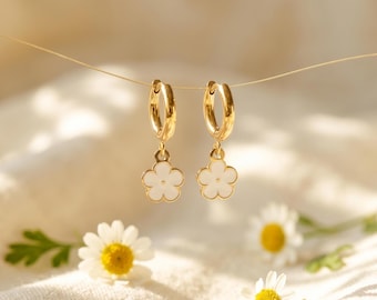 Gold Huggie Hoops Daisy Earrings, White Flower Charm, Waterproof Stainless Steel, Summer Everyday Jewelry