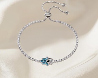 Bracciale tennis in argento con mano di Hamsa e occhio di Allah in cristallo / Ciondolo protettivo boho con pavé di zirconi