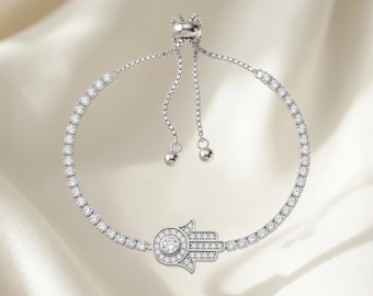 Bracciale con mano di Hamsa in argento / Talismano di protezione con pavé di cristalli / Gioielli con catena tennis in zirconi