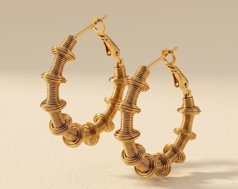 Gold Coil Hoop Earrings, Stainless Steel Sculptural, Minimalist, Modern Geometric Jewelry