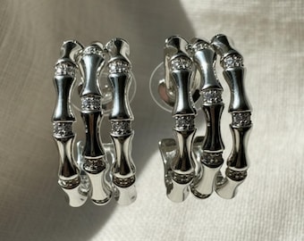 Prosperity Bamboo Crystal Silver C-Shape Earrings, Sculptural, Modern, Daily Wear Boho Dangle
