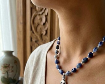 Natural Sodalite Buddha Charm Necklace | Gemstone Meditation Jewelry for Spiritual Gift