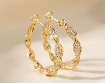 Twisted Gold Hoop Earrings with Crystal Pave, Medium, Simple Daily Wear, Sparkling Minimal Jewelry