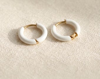 White Enamel Huggie Hoop Earrings, Gold Stainless Steel, Waterproof Dainty, Capsule Wardrobe Summer Jewelry