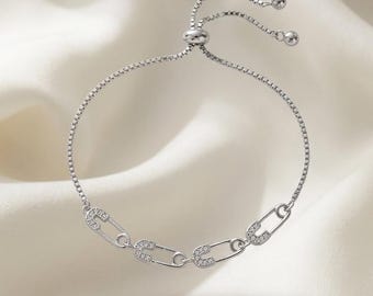 Crystal Safety Pin Bracelet, Adjustable Gold or Silver CZ Paperclip Link Jewelry, Minimalist Gift