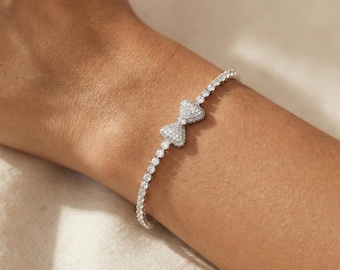 White Gold Crystal Bow Tennis Bracelet - Pave Sparkle Jewelry Feminine Bridal Accessory