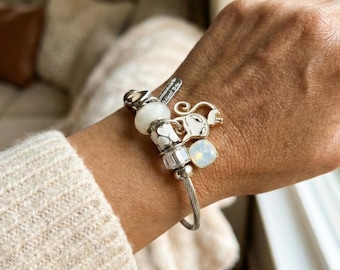 White Enamel Cat Charm Bangle Bracelet, Silver Tone Pandora Style Jewelry