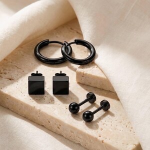 Earring Stack Set, Black Stainless Steel Huggie Hoops, Square And Round Studs