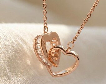 Gold Double Heart Crystal Pave Necklace, Romantic Lover relationship Jewelry