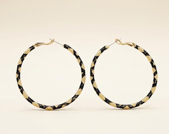 Textured Gold Black Enamel Hoop Earrings, Modern Chunky Edgy Hoops, Minimalist Light Weight Jewelry