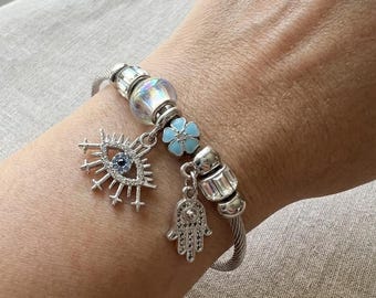 Evil Eye Hamsa Silver Bracelet Protection Jewelry Spiritual Talisman Boho Gift