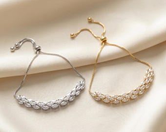 Bracciale con cristalli Marquise, gioiello regolabile ispirato alla foglia d'oro giallo o bianco, bracciale da matrimonio, regalo per la sposa con zirconi cubici.