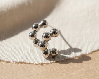 Minimalist Stainless Steel Beaded C Shape Hoop Earrings Modern Everyday Small Silver Lightweight Simple