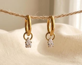 Gold Huggie Hoop Earrings with Floating Teardrop CZ Dangle, 8mm Small Dainty Minimalist Jewelry