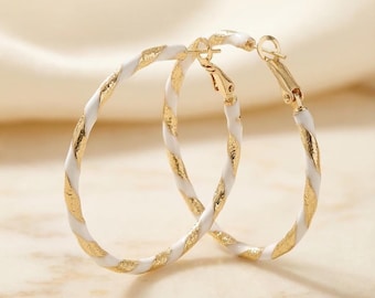 White Enamel Twisted Gold Hoop Earrings, Minimalist Modern Lightweight Textured Colorful Jewelry