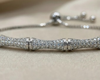 White Gold Bamboo Crystal Pave Bracelet, Adjustable Dainty Good Luck Charm Gift
