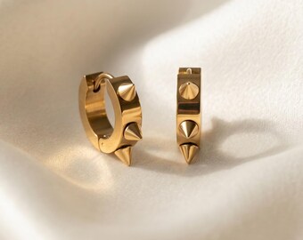 Gold Spiky Huggie Hoop Earrings | Tiny 8mm Stainless Steel Cartilage | Edgy Minimalist Everyday Jewelry