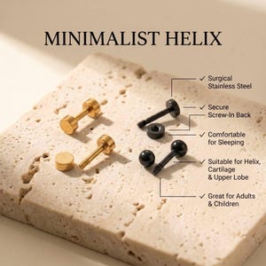 May include: Gold-tone and black metal stud earrings with flat circular heads and threaded posts. The text MINIMALIST HELIX appears above, with labels indicating Surgical Stainless Steel, Secure Screw-In Back, Comfortable for Sleeping, Suitable for Helix, Cartilage & Upper Lobe, and Great for Adults & Children.