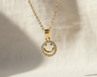 Gold Crystal Smiley Face Pendant Necklace, Minimalist Happy Charm Jewelry, Dainty Positive Vibe