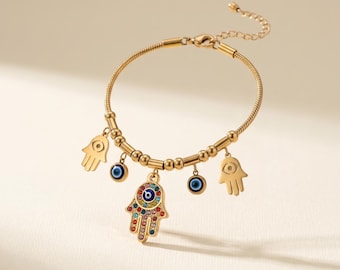 Pulsera de mano de Hamsa dorada, pulsera con dije de ojo turco, pulsera de acero inoxidable dorado, pulsera de protección, pulsera con dije ajustable