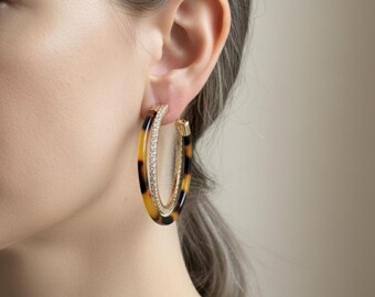 Tortoiseshell Hoop Earrings Gold Resin Large Hoops Modern Everyday Jewelry
