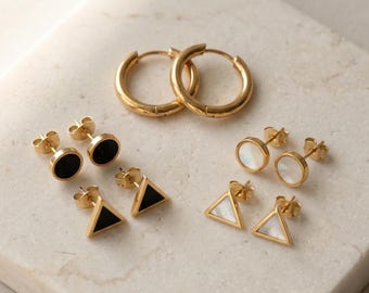 Set di orecchini a perno geometrici in oro / Finitura in smalto nero o madreperla / Gioielli per tutti i giorni