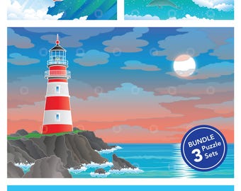 Set of 3 Printable Coastal Adaptive Puzzle Activities | Visual Exercise for Kids, Seniors & Therapy | 6–96 Piece | PDF