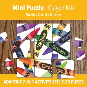 Peut inclure: Un puzzle sur le thème des crayons avec le texte "Mini Puzzle | Crayon Mix". La taille finie est de 20 x 20 cm. Les pièces du puzzle présentent des illustrations de crayons de différentes couleurs, dont le jaune, le vert, l'orange et le violet. Le texte "ADAPTIVE 7-IN-1 ACTIVITY SET | 9-25 PIECES" est également visible.