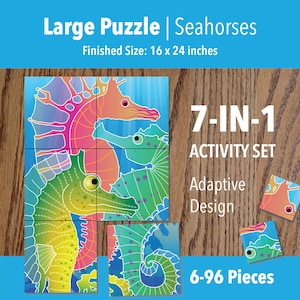 Pode incluir: Um grande quebra-cabeça com cavalos-marinhos coloridos em tons de rosa, verde e laranja sobre um fundo azul. O tamanho final é de 40,6 x 61 cm. O quebra-cabeça faz parte de um conjunto de atividades 7 em 1 com design adaptativo.