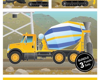 Set of 3 Printable Construction Adaptive Puzzle Activities | Visual Exercise for Kids, Seniors & Therapy | 6–96 Piece | PDF