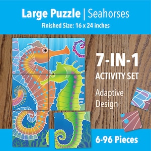 Pode incluir: Um conjunto de atividades 7 em 1 com um puzzle grande de cavalos-marinhos. O texto diz Large Puzzle | Seahorses, Finished Size: 40,64 x 60,96 cm, 7-IN-1 ACTIVITY SET, Adaptive Design e 6-96 Pieces. As peças mostram cavalos-marinhos coloridos.