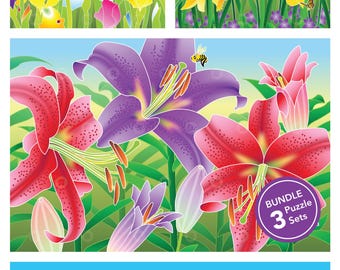 Set of 3 Printable Flower Adaptive Puzzle Activities | Visual Exercise for Kids, Seniors & Therapy | 6–96 Piece | PDF