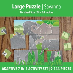 May include: A Savanna-themed puzzle set featuring illustrations of grey elephants in a green grassy landscape. The packaging text reads Large Puzzle | Savanna, Finished Size: 24 x 24 inches, and ADAPTIVE 7-IN-1 ACTIVITY SET | 9-144 PIECES.
