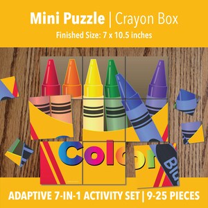 May include: A colorful mini puzzle featuring crayon illustrations. The finished size is 7 x 10.5 inches. The puzzle includes the word "Color" and the text "Adaptive 7-in-1 Activity Set | 9-25 Pieces".