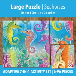 Activités de puzzle adaptatives imprimables sur les hippocampes | Exercices visuels pour enfants, seniors et thérapie | 6 à 96 pièces | PDF