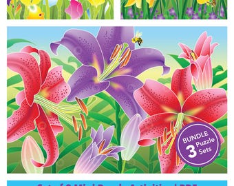 Set of 3 Printable Flower Adaptive Mini Puzzles | Visual Travel Activities for Kids, Seniors & Therapy | 6–24 Piece | PDF