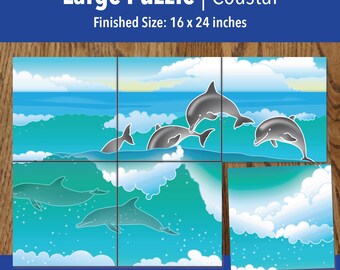 Printable Surfing Dolphins Adaptive Puzzle Activities | Visual Exercise for Kids, Seniors & Therapy | 6–96 Piece | PDF