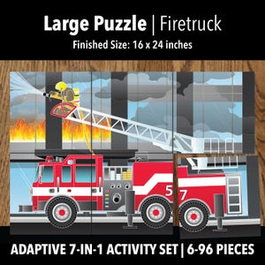Printable Firetruck Adaptive Puzzle Activities | Visual Exercises for Kids, Seniors & Therapy | 6–96 Piece | PDF