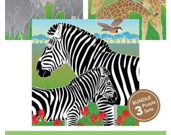 3 ausdruckbare Savannen-Puzzles | Visuelle Übungen für Kinder, Senioren und Therapeuten | 9–144 Teile | PDF