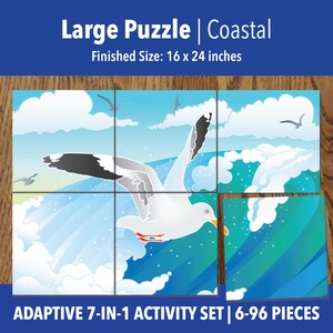 Könnte beinhalten: Ein großes Küstenpuzzle mit einer fertigen Größe von 40,6 x 61 cm. Es zeigt eine Möwe über Ozeanwellen und blauem Himmel. Der Text "Large Puzzle | Coastal" und "ADAPTIVE 7-IN-1 ACTIVITY SET | 6-96 PIECES" sind zu sehen.