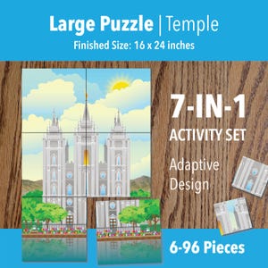 May include: A large puzzle with a temple illustration, measuring 40.6 x 61 cm when complete. It's a 7-in-1 activity set with an adaptive design, containing 6-96 pieces. The puzzle is displayed on a wooden surface.