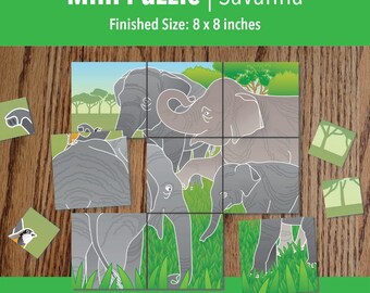 Printable Elephant Adaptive Mini Puzzle | Visual Travel Activities for Kids, Seniors & Therapy | 9–25 Piece | PDF