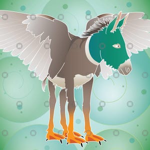 Peut inclure: Illustration numérique d'une créature imaginaire, un hybride d'âne et de canard. Il a une tête turquoise, un corps brun et de grandes ailes. Le fond est un dégradé vert avec des motifs circulaires. Les pieds sont ceux d'un canard.