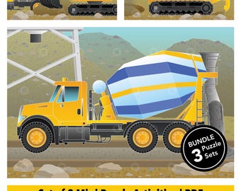 Set of 3 Printable Construction Adaptive Mini Puzzles | Visual Travel Activities for Kids, Seniors & Therapy | 6–24 Piece | PDF